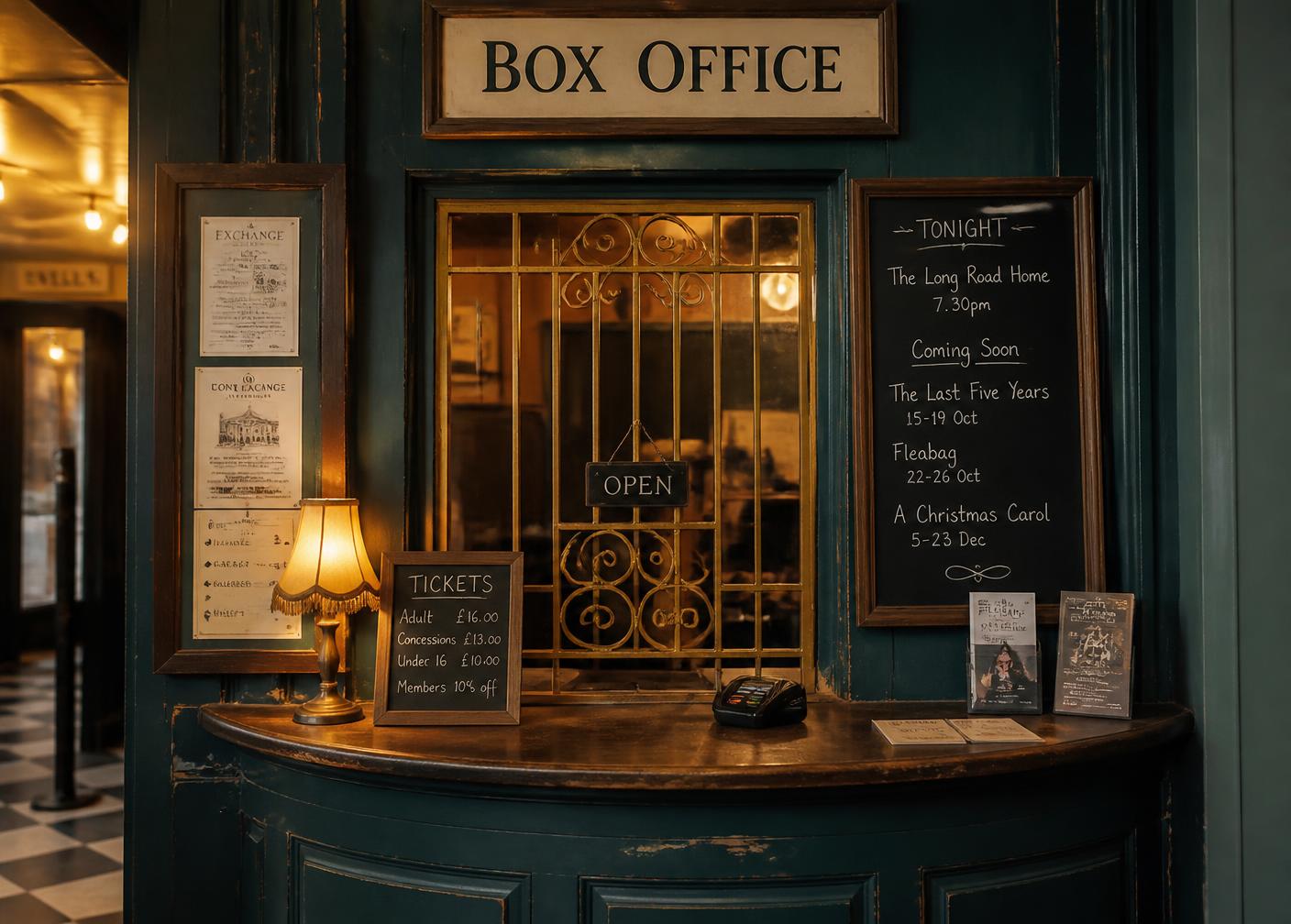 The Kestrel box office window: brass grille, wooden counter and a chalkboard of show times
