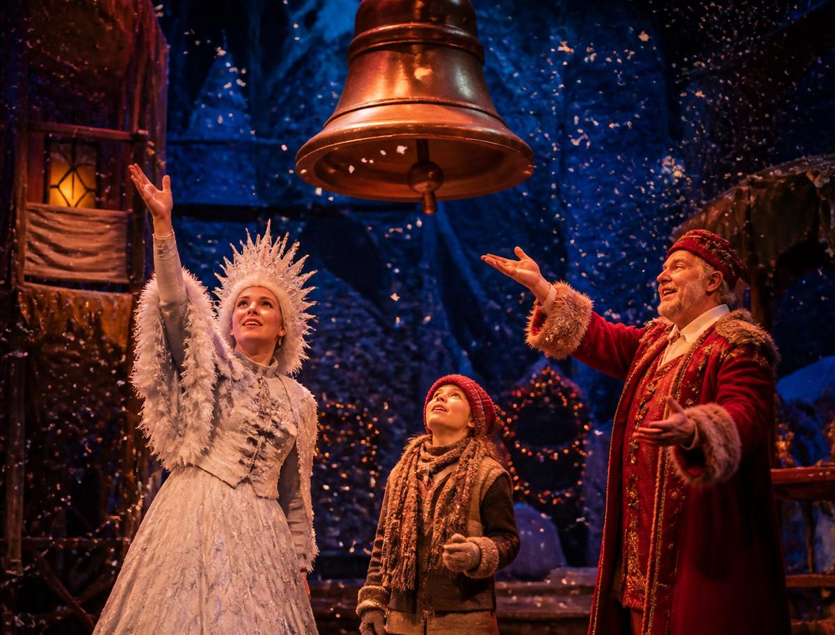 Performers in frost-white and deep red beneath a large brass bell with paper snow falling