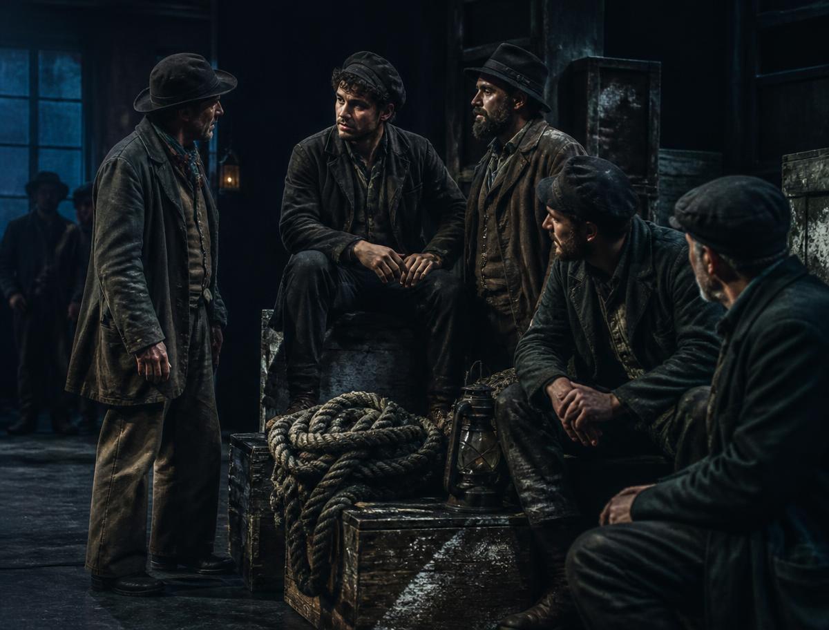 Performers in worn 19th-century dockside clothing around coiled rope and crates in cold side light