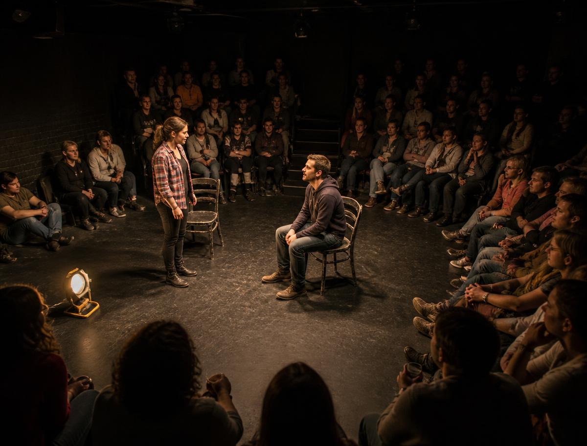 Two actors mid-scene on a bare studio floor with audience seated close on three sides
